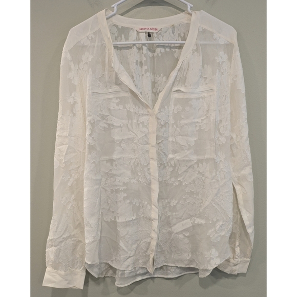 Rebecca Taylor White Burn Out Floral Long Sleeve Button Down Blouse Size 12 - Picture 9 of 9